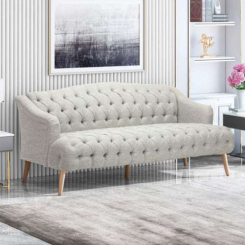 Contemporary Tufted Fabric 3 Seater Sofa, Light Gray and Natural - EK CHIC HOME