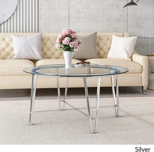 Modern Iron Coffee Table with Round Tempered Glass Top - EK CHIC HOME