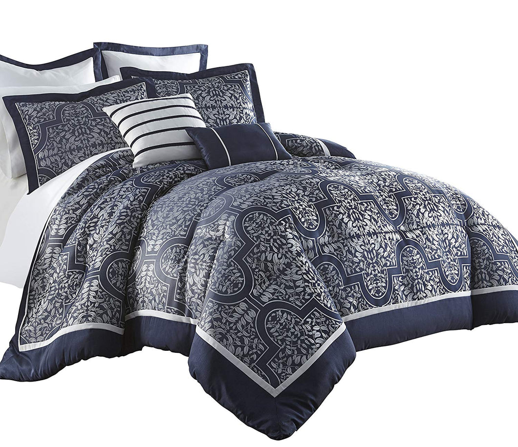 Mayan 7-Piece Navy Jacquard Floral Comforter Set (Queen) - EK CHIC HOME