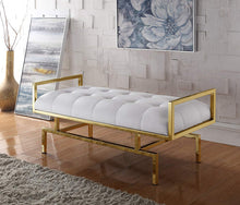 Load image into Gallery viewer, Leather Modern Contemporary Tufted Seating Goldtone Metal Leg Bench, White - EK CHIC HOME