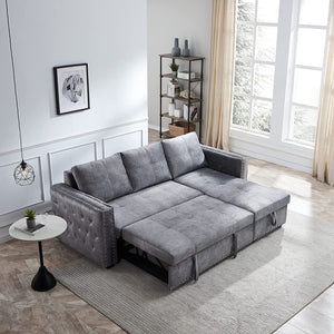 Sectional Sofa with Pull Out Bed, 91" L-Shaped Sleeper Velvet - EK CHIC HOME