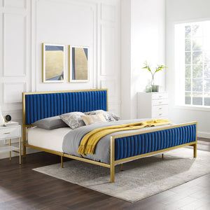 NAVY/GOLD Tufted Upholstered Low Profile Bed - EK CHIC HOME