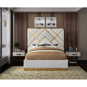 WHITE LEATHER/GOLD Rogin Upholstered Flatform Bed - EK CHIC HOME