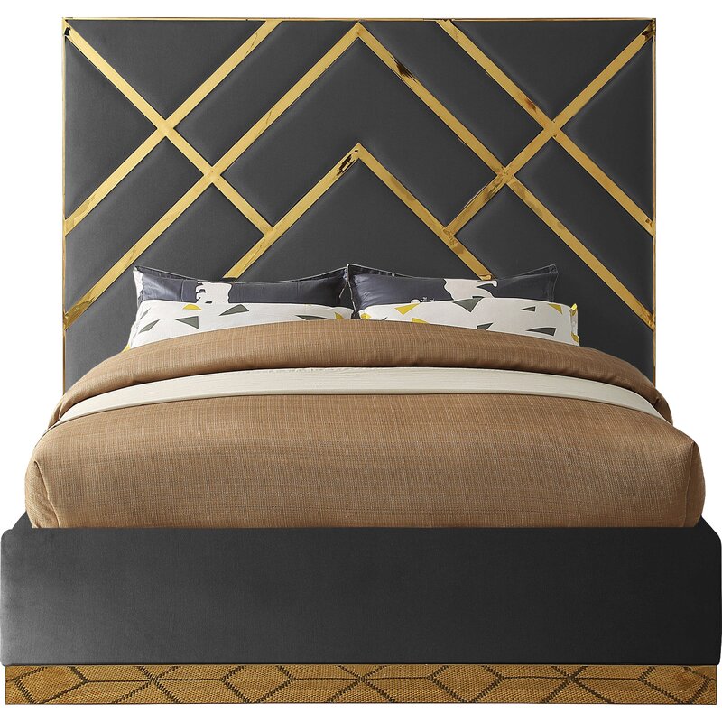 GREY/GOLD Rogin Upholstered Flatform Bed - EK CHIC HOME