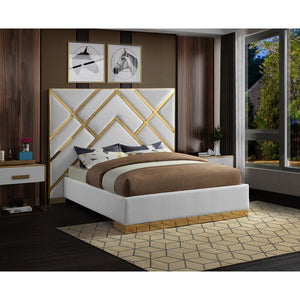 WHITE LEATHER/GOLD Rogin Upholstered Flatform Bed - EK CHIC HOME