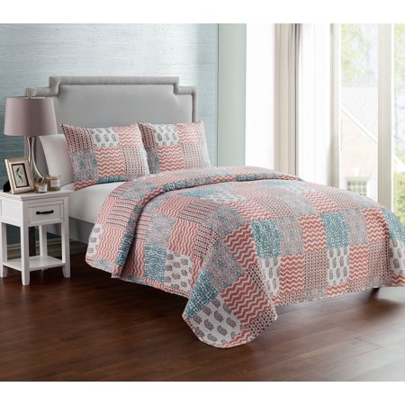 Peach 3 Piece Reversible Bedding Quilt Set, Shams Included - EK CHIC HOME