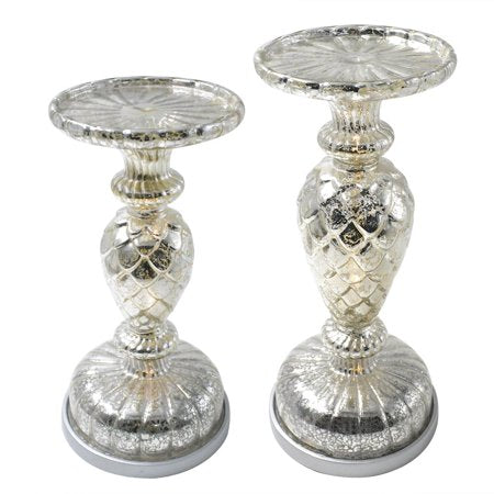 2 Pillar Candle Holder, Handmade Mercury Glass  Pedestals - EK CHIC HOME