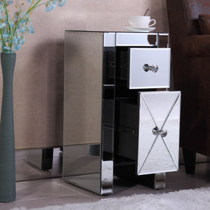 Set of 2 Mirrored Nightstand 2 Drawer Crystal Accent Silver Side Table - EK CHIC HOME