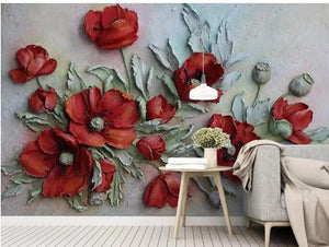 3D Embossed Floral Wallpaper, Red Poppy - EK CHIC HOME