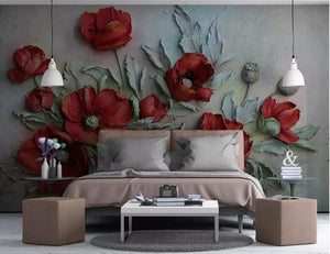 3D Embossed Floral Wallpaper, Red Poppy - EK CHIC HOME