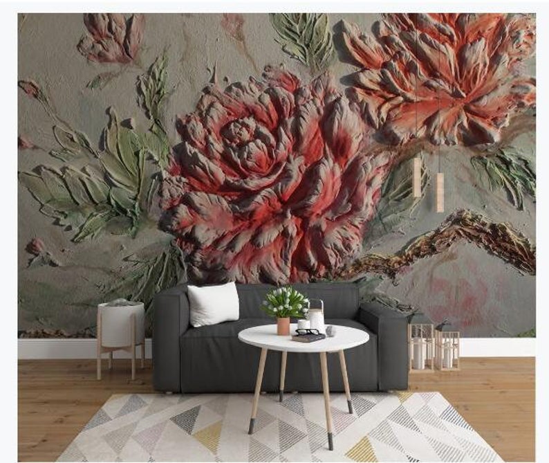 Oil Painting Two Red Rose Wallpaper - EK CHIC HOME