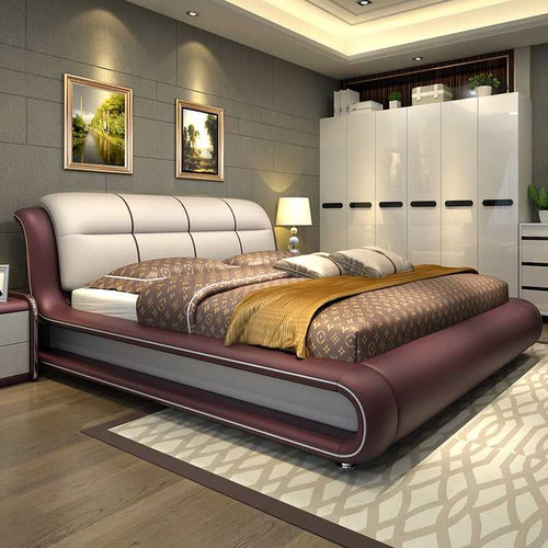 Genuine Leather Modern Bed W/Set of 2 Stands - EK CHIC HOME