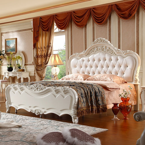 New Design Leather Bed Wood Frame With Resin Carve Flower - EK CHIC HOME