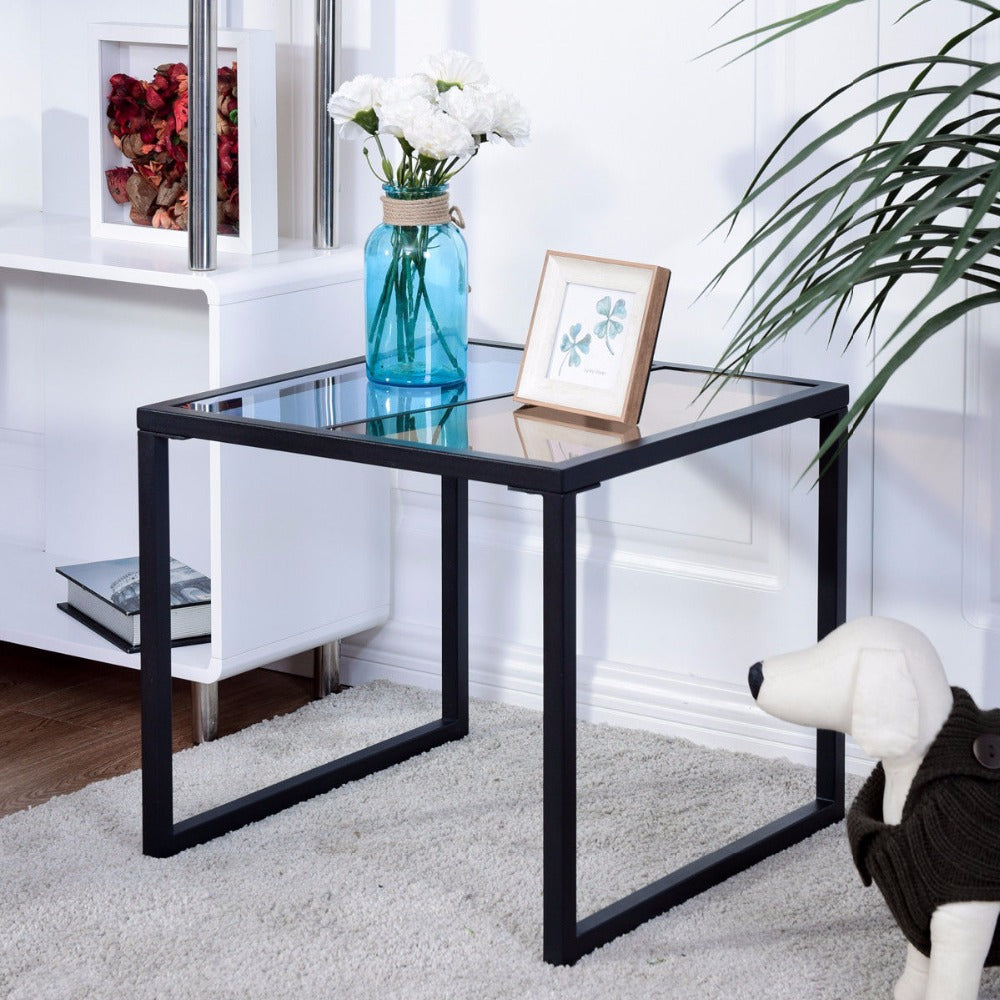 Square Side End Table Tempered Glass Top Metal Frame - EK CHIC HOME