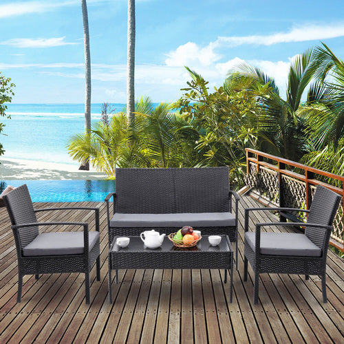 4 PCS Outdoor Patio Rattan Wicker Furniture Set Table Sofa Cushioned Deck Black - EK CHIC HOME