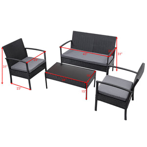 4 PCS Outdoor Patio Rattan Wicker Furniture Set Table Sofa Cushioned Deck Black - EK CHIC HOME