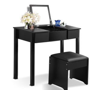Black Vanity Dressing Table Set Mirrored W/Stool &Storage Box - EK CHIC HOME