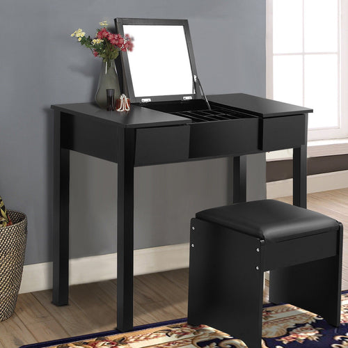 Black Vanity Dressing Table Set Mirrored W/Stool &Storage Box - EK CHIC HOME