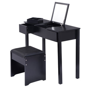 Black Vanity Dressing Table Set Mirrored W/Stool &Storage Box - EK CHIC HOME