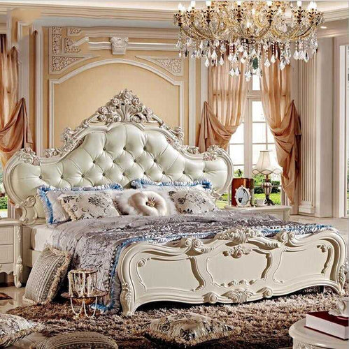 French Hand Carved Leather And Solid Wood Bed - EK CHIC HOME