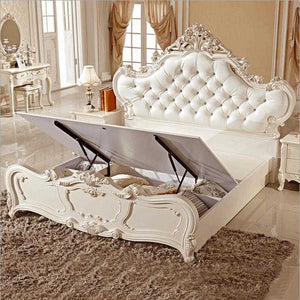 French Hand Carved Leather And Solid Wood Bed - EK CHIC HOME
