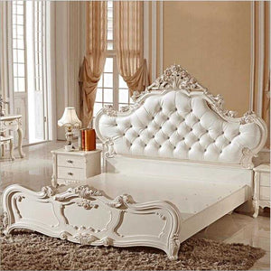 French Hand Carved Leather And Solid Wood Bed - EK CHIC HOME