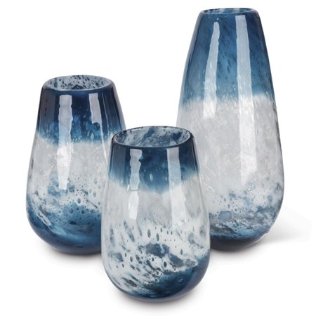 Set of 3 Indigo Blue and White Indoor Artisanal Glass - EK CHIC HOME