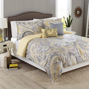 5-Piece Comforter Set, Yellow Grey Paisley - EK CHIC HOME