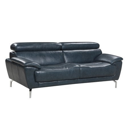 Mid Century Top Grain Italian Leather Sofa In Polo Blue - EK CHIC HOME