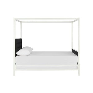 CHIC Soho Modern Canopy Bed, White Metal with Black Linen, Queen - EK CHIC HOME