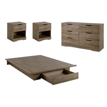 4 Piece Bedroom Set with Dresser, Bed, and Set of 2 Nightstand in Weathered Oak - EK CHIC HOME