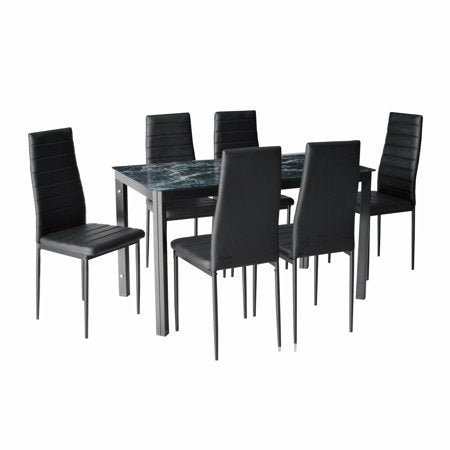 7 Piece Dining Set Faux Marble Glass Metal Table and 6 Chairs - EK CHIC HOME