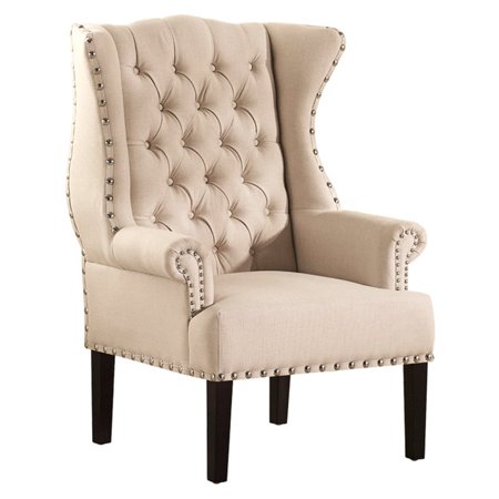 Knuckey French Country Beige Linen Nailhead Wing-Back Armchair - EK CHIC HOME