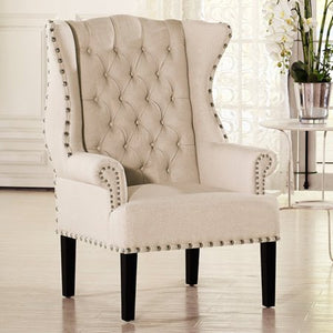 Knuckey French Country Beige Linen Nailhead Wing-Back Armchair - EK CHIC HOME