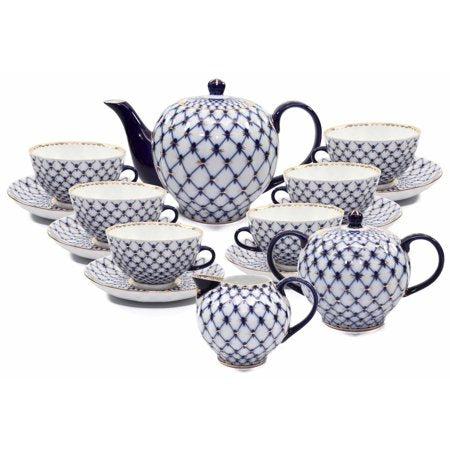 23-pc HQ Dining Tea Cup Set, Russian Saint Petersburg Cobalt Blue Net - EK CHIC HOME