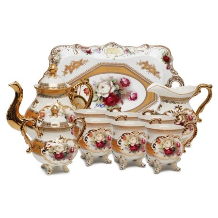 Royalty Porcelain 10-pc Vintage Rose Tea Cup Set for 6, 24K Gold - EK CHIC HOME