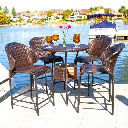 Bennett 5 Piece Wicker Outdoor Bistro Bar Set with Ice Pail - EK CHIC HOME