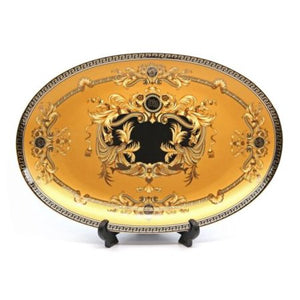 Royalty Porcelain Yellow 9.5" Fruit Serving Platter, Medusa Greek Key 24K Gold - EK CHIC HOME