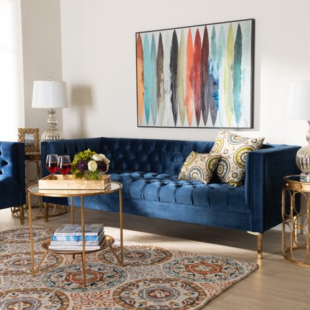 Glam and Luxe Navy Velvet Upholstered Gold Finished Sofa - EK CHIC HOME