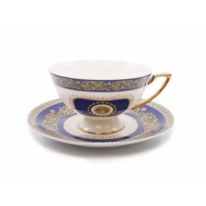 Royalty Porcelain 17-pc Luxury Floral Blue Tea Set for 6, Greek Key Gold Medusa - EK CHIC HOME