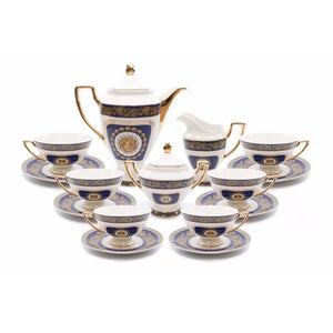 Royalty Porcelain 17-pc Luxury Floral Blue Tea Set for 6, Greek Key Gold Medusa - EK CHIC HOME