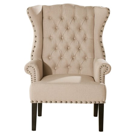 Knuckey French Country Beige Linen Nailhead Wing-Back Armchair - EK CHIC HOME