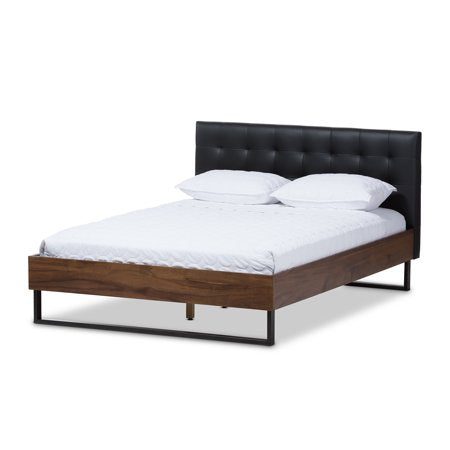 Mitchell Rustic Industrial Walnut Wood Black Faux Leather Dark Bronze Metal - EK CHIC HOME