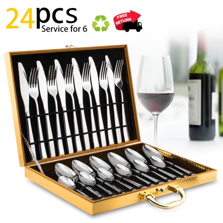 Silverware Set, 24 pcs Stainless Steel Silverware Sets Service for 6 with Luxury Gift Box - EK CHIC HOME