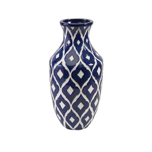 17.75" Marine Blue and Classic White Patterned Tall Clay Vase - EK CHIC HOME