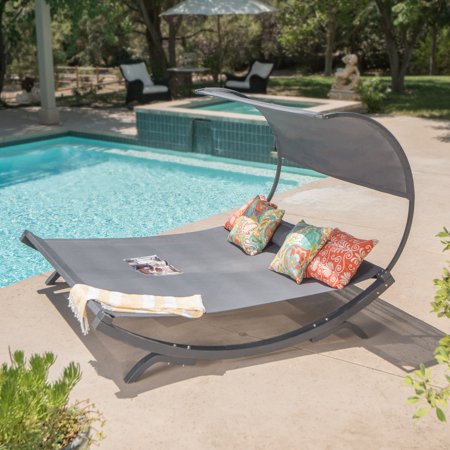Dover Wood Sunbed with Outdoor Mesh Canopy, Grey - EK CHIC HOME