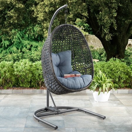 Patio Wicker Hanging Chair with Stand and Blue Cushion - EK CHIC HOME