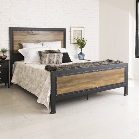 Queen Size Industrial Wood and Metal Bed- Rustic Oak (Multiple Colors Available) - EK CHIC HOME