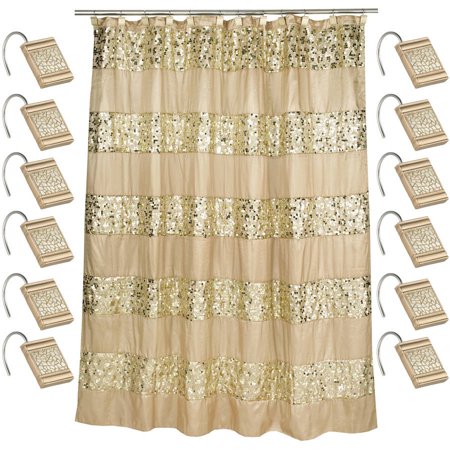 Champagne 70 x 72 Bathroom Fabric Shower Curtain & Hook Set - EK CHIC HOME