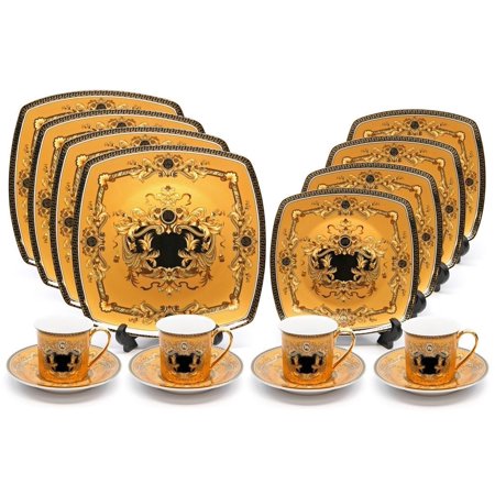 Royalty Porcelain 16-pc Luxury Yellow, Greek Key Dinner Set, 24K Gold Medusa - EK CHIC HOME